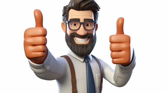 Cartoon hipster man in 3d showing positive gesture with thumbs up on isolated white background