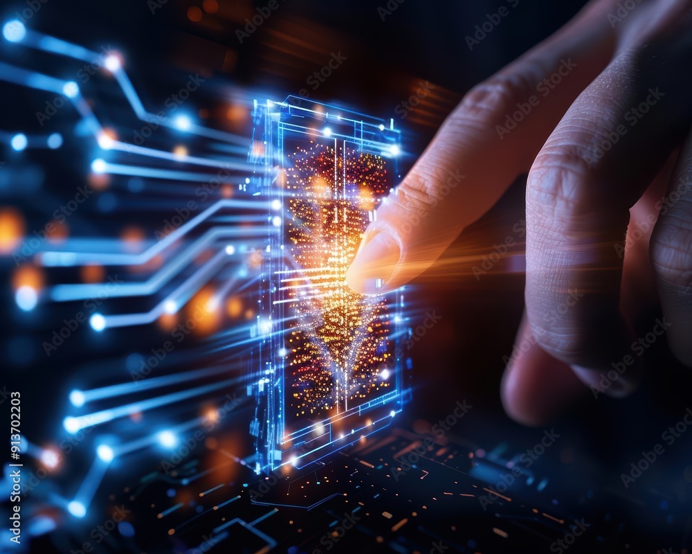 Poster a hand interacts with a glowing circuit board, symbolizing technology and digital connection in a fu