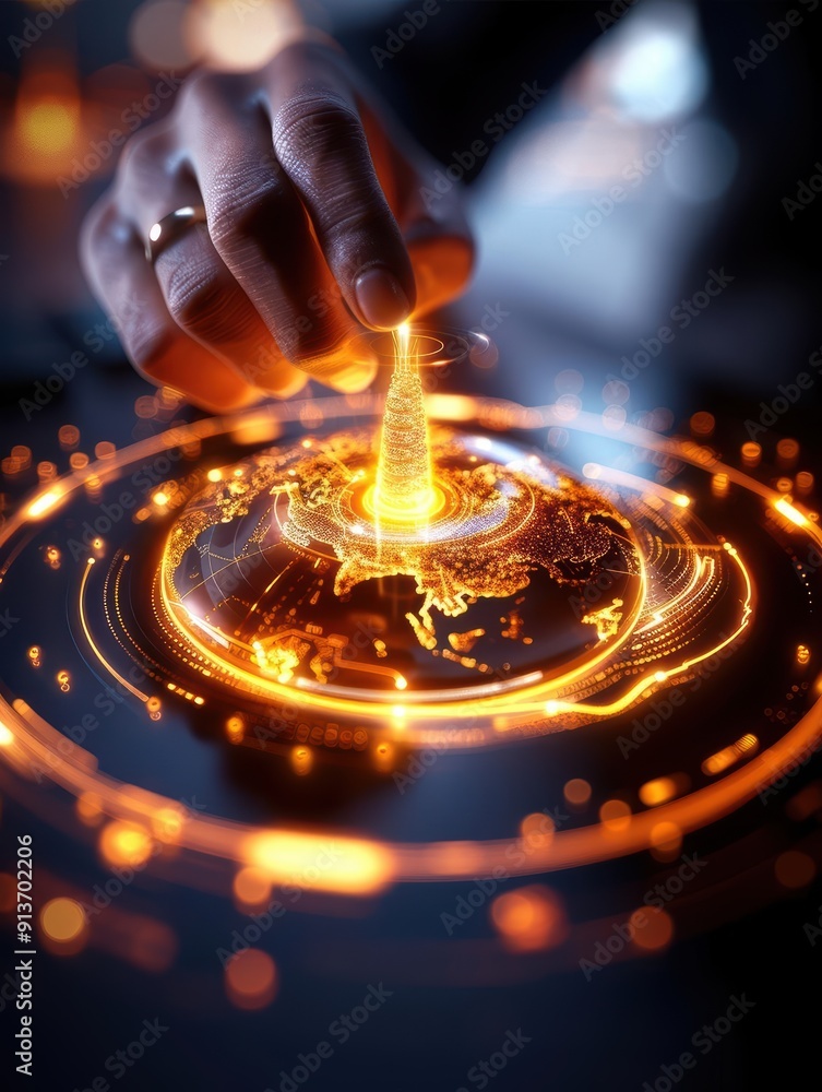 Poster a hand interacts with a glowing sphere, symbolizing technology and connection in a digital world.