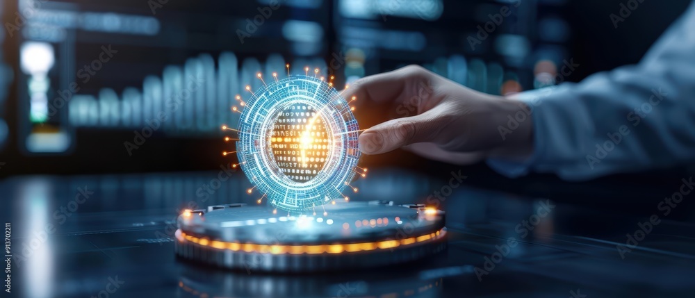 Poster a hand interacts with a glowing digital sphere, illustrating advanced technology and innovation in a