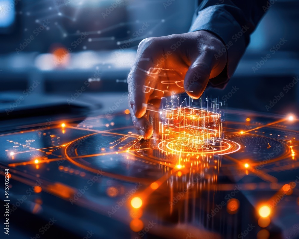 Poster a hand manipulating a digital interface with glowing elements, representing technology and innovatio