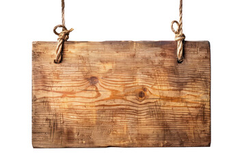 Fototapeta premium Rustic Hanging Wooden Signboard with Rope Isolated on White Background