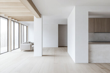 Fototapeta premium Empty room in a luxury property with natural lighting and ample copyspace.Premium realty interiors composition in neutral colors.