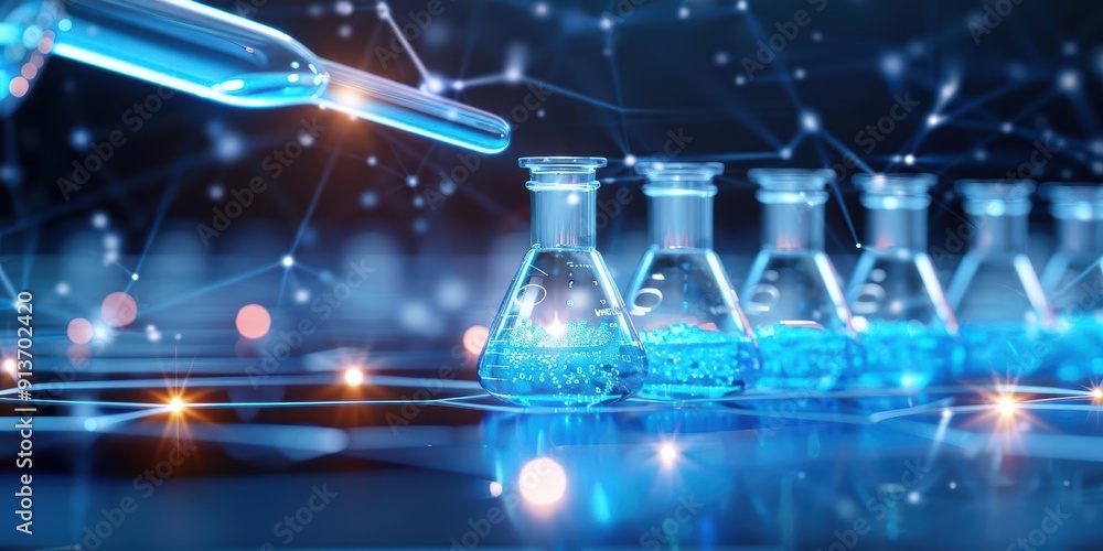 Poster a laboratory experiment showcasing colored liquids in flasks with a pipette, symbolizing scientific 