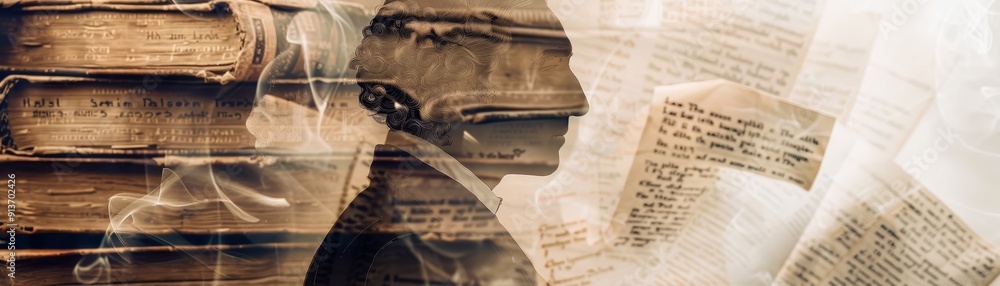 Poster a surreal image representing the weight of knowledge. a human profile emerges from a stack of old bo