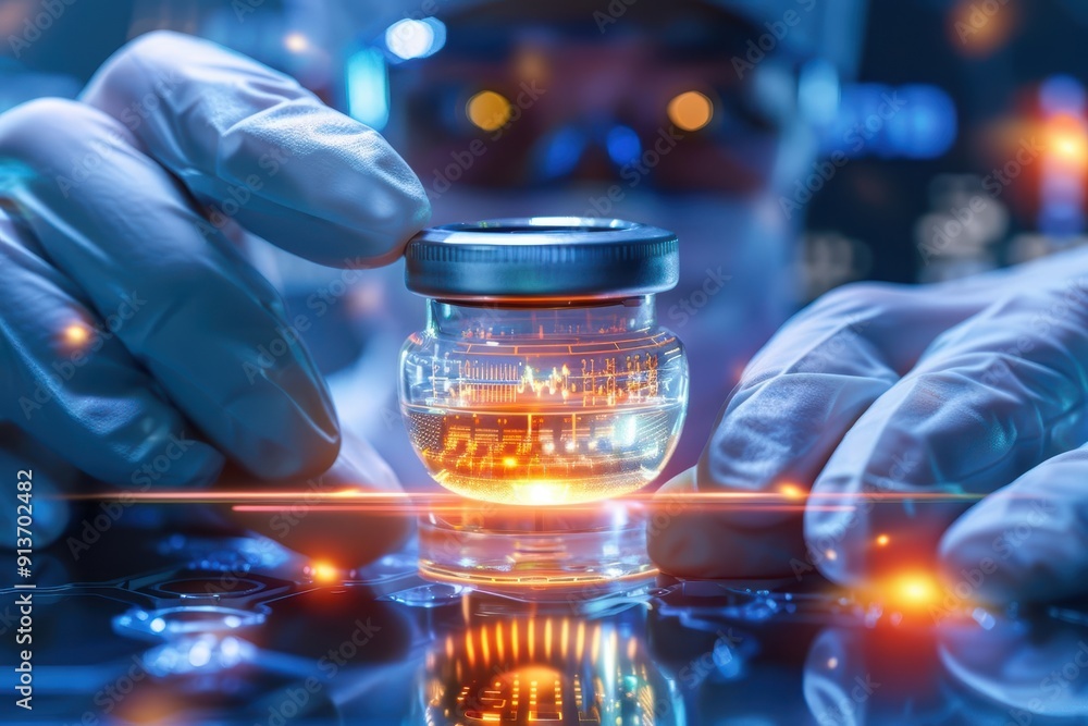 Poster a laboratory scene featuring a scientist examining a vial with glowing liquid, showcasing innovation