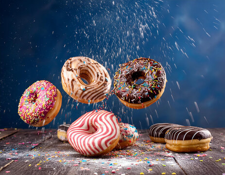  donas decoradas en movimiento cayendo sobre fondo azul donas dulces y coloridas