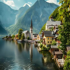 Fototapeta premium Scenic view of a picturesque European lake town with a church, mountains, and water, combining elements from Lake Bled and Lake Como