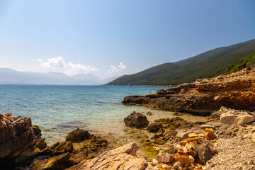 The peninsula Karaburun in Albania near the city of Vlore. A touristic hotspots for daytrips to swim in the crystal clear waters and it marks the border between the Adriatic and Ionian seas