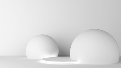 Minimalistic white background with a modern podium display.