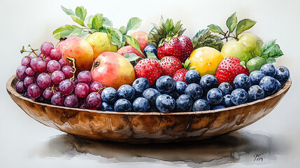 A vibrant arrangement of assorted fruits in a wooden bowl, featuring apples, grapes, strawberries, and blueberries, showcasing freshness.