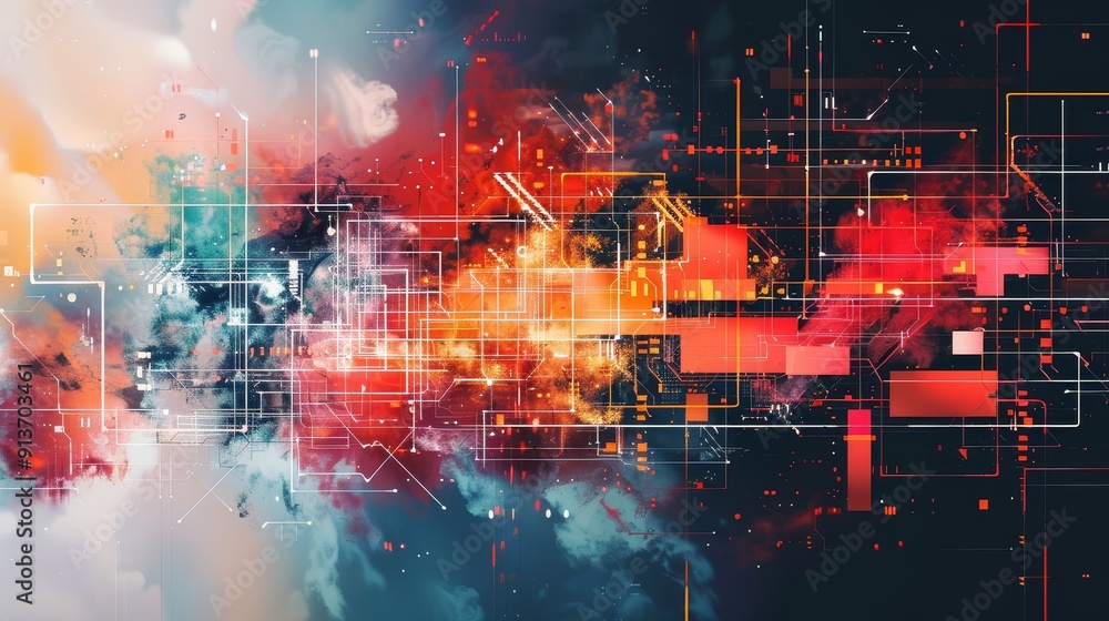 Poster a vibrant abstract background showcasing the intersection of technology and nature, with digital lin