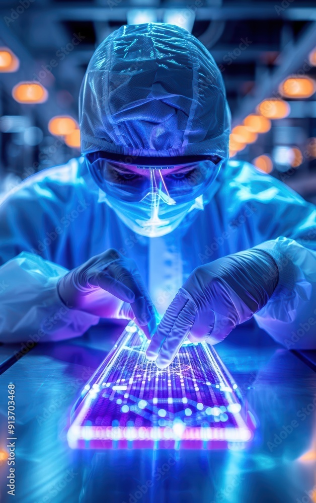 Poster a scientist in protective gear interacts with a glowing device in a high-tech laboratory, showcasing
