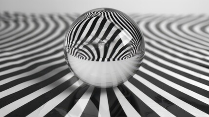 a black and white photo of a glass ball on a striped surface