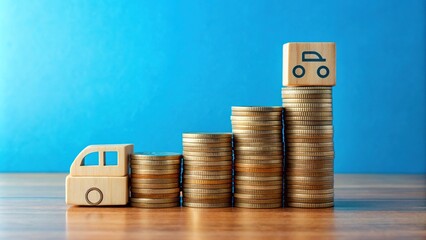 Coins stacked beside a 2024 wooden block and toy car on a blue background, symbolizing smart financial planning for transportation costs and insurance.