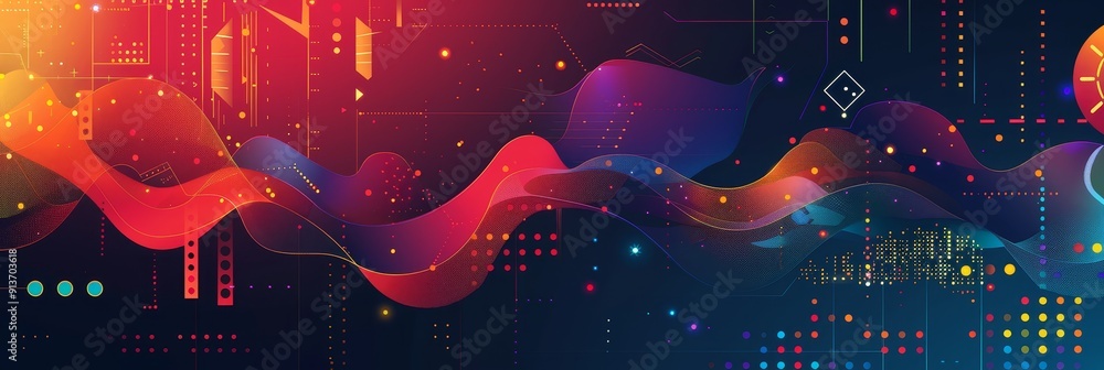 Poster a vibrant abstract image showcasing flowing waves in neon colors against a dark background with a ci