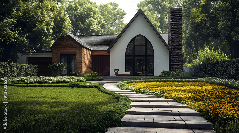 Poster Modern House with Stone Path and Flowers 3D Illustration