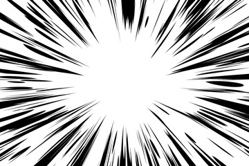Manga speed lines explosion effect. Dynamic black and white manga speed lines radiating outward, creating an explosive effect. Ideal for comic book backgrounds and dramatic scenes
