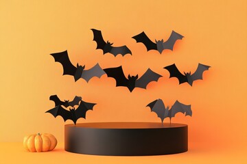 Fototapeta premium Creative Halloween composition with paper bats, podium and orange background. Suitable for Product Display and Business Concept with generative ai