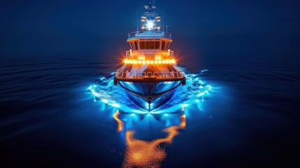 Fototapeta premium A stunning nighttime view of a bright illuminated vessel sailing through calm waters, showcasing vibrant reflections and peaceful ambiance.