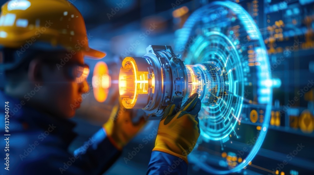 Poster a technician in a hard hat works on advanced technology, integrating digital interfaces and machiner