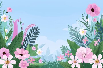 Obraz premium a tranquil garden with blooming flowers, showcasing a peaceful and colorful outdoor space in a simple, modern style.