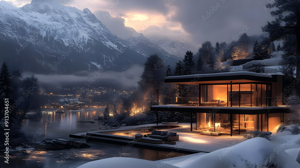 Canvas Prints Modern house with a mountain view and snowy landscape.