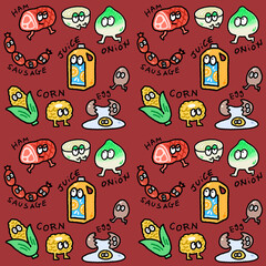 seamless pattern of grocery friends cartoon character for groovy fun repeatable background