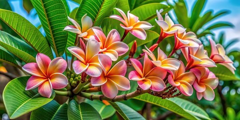 Naklejka premium Vibrant Plumeria tree stands tall, adorned with lush green leaves and laden with clusters of delicate, soft peach-pink flowers, exuding tropical elegance and serenity.