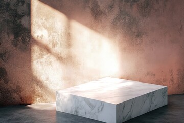 Minimal White Marble Table Corner with Light Beam, Shadow, and Spotlight on the Rose Gold Concrete Wall Background 