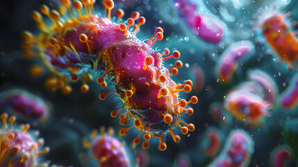 Naklejka premium This breathtaking highresolution image displays vibrant and detailed microscopic virus particles, exemplifying the essence of microorganisms with dynamic colors and intricate features