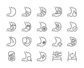 Stomach Icon Set. Ache and Pain, Stomach Discomfort and Digestive Issues. Acid Reflux, Gas Formation, Bacteria, Stomach Healing, Ulcers, Gastritis. Line with editable stroke