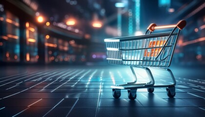 Futuristic Shopping: Glowing Shopping Cart in a High-Tech Setting"