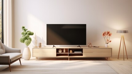 Wooden tv unit in spacious room. Scandinavian home