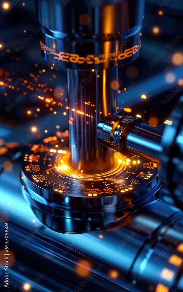 Poster close-up of a cutting tool in action, creating bright sparks in a high-tech industrial environment.