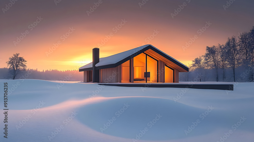 Poster Modern cabin in snowy landscape at sunset.