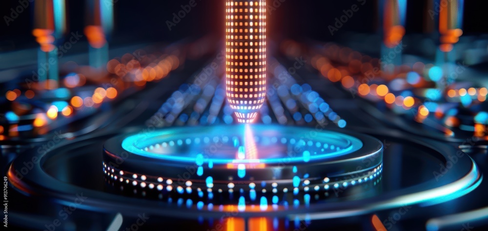 Poster close-up of a futuristic device with vibrant lights and advanced technology, symbolizing innovation 