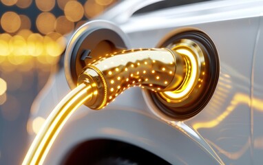 Close-up of a futuristic electric car charging, showcasing illuminated charging port and stylish cable in a vibrant setting.