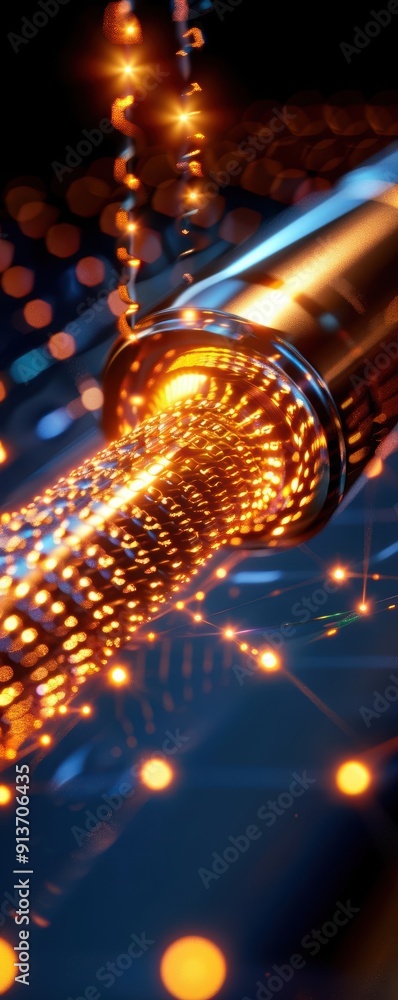 Poster close-up of a futuristic metallic pipeline with glowing lights, representing advanced technology and