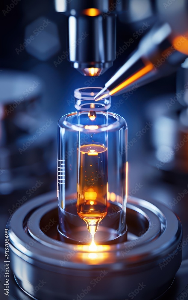 Poster close-up of a glass vial under a microscope, showcasing liquid analysis in a laboratory setting with