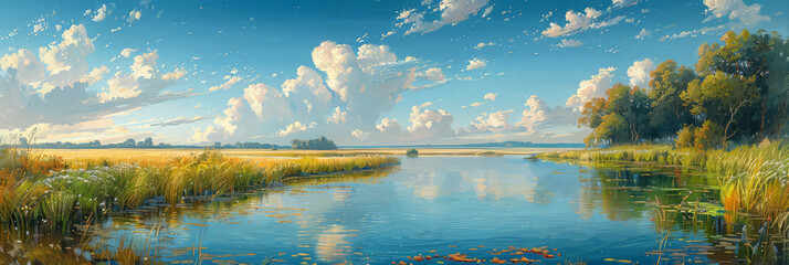 Panorama of a summer landscape overlooking the river and field. Fishing on a pond on a warm day. Fishing, summer vacation and relaxation concept