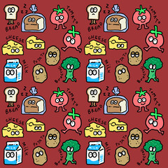 seamless pattern of grocery friends cartoon character for groovy fun repeatable background