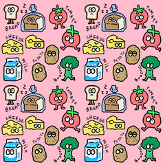 seamless pattern of grocery friends cartoon character for groovy fun repeatable background