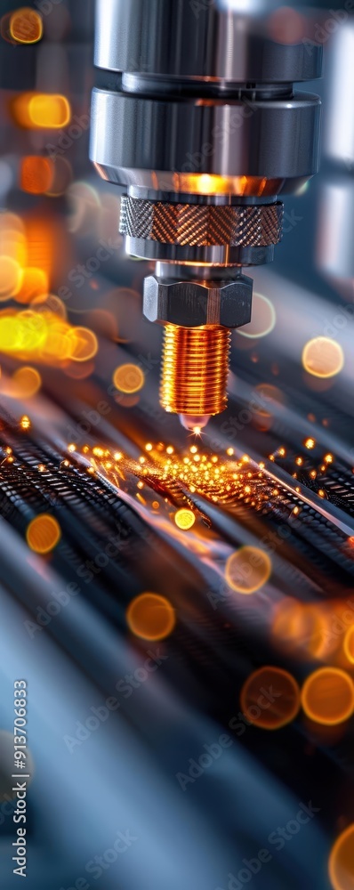 Poster close-up of a high-precision laser cutting process with glowing sparks and vibrant bokeh effects in 