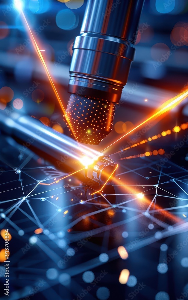 Poster close-up of a high-tech laser cutting through a network of lines, symbolizing innovation and precisi
