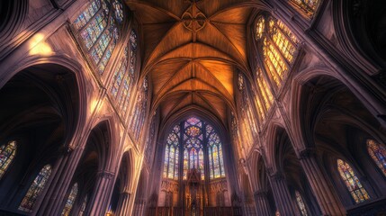 Obraz premium vaulted ceilings with exposed wooden beams and intricate stained glass windows creating a stunning visual effect