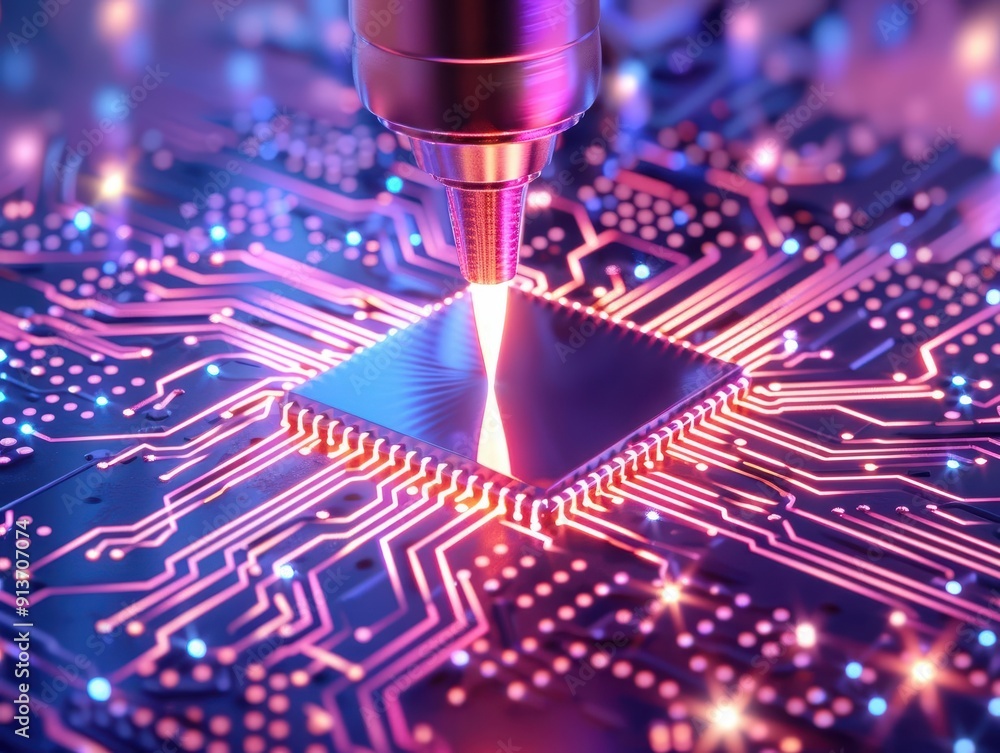 Poster close-up of a laser engraving a microprocessor on a vibrant circuit board, showcasing advanced techn
