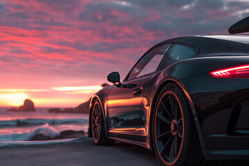 Luxury sports car on the background of the sunset