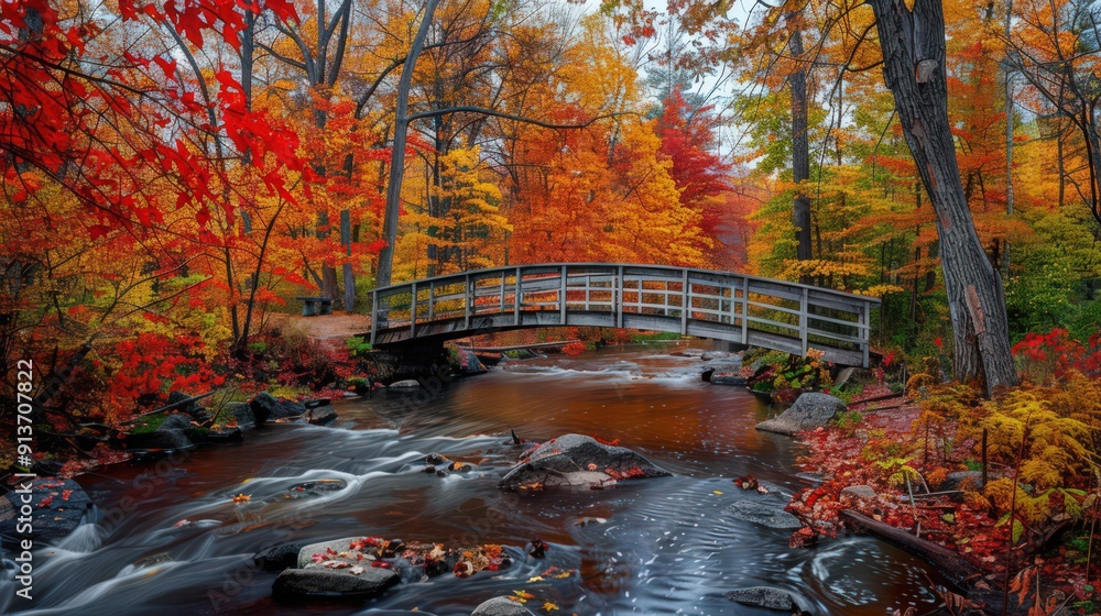 Poster a charming bridge crosses a stream surrounded by vibrant fall foliage, where the red, orange, and ye