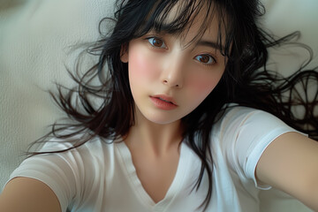 Fototapeta premium 白いTシャツを着て、自撮りする黒髪ロングの女性